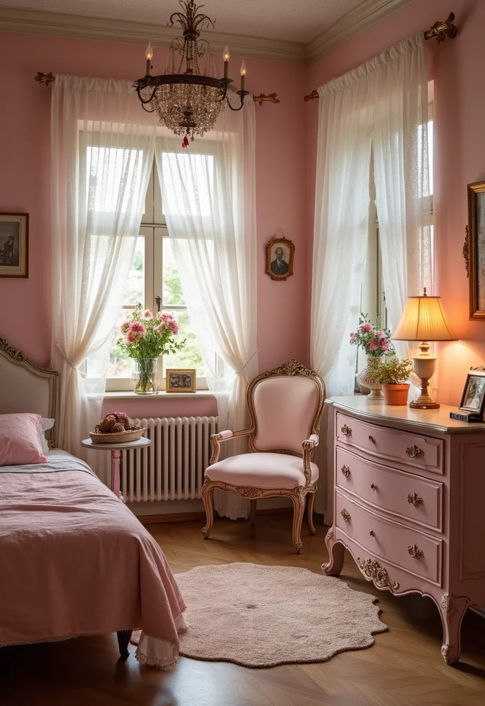 12 Pink and Brown Bedroom Ideas for Warm Sweet Contrast - 7. Vintage Charm with Pink and Brown