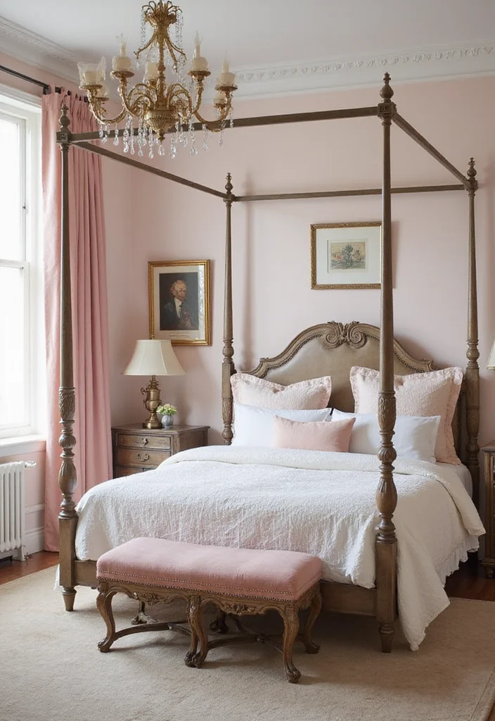 12 Pink and White Bedroom Ideas for Soft Fresh Style - 11. Vintage Glam