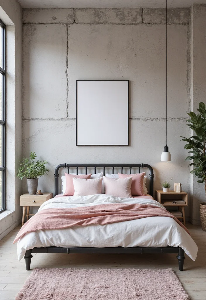 12 Pink and White Bedroom Ideas for Soft Fresh Style - 12. Soft Industrial Fusion