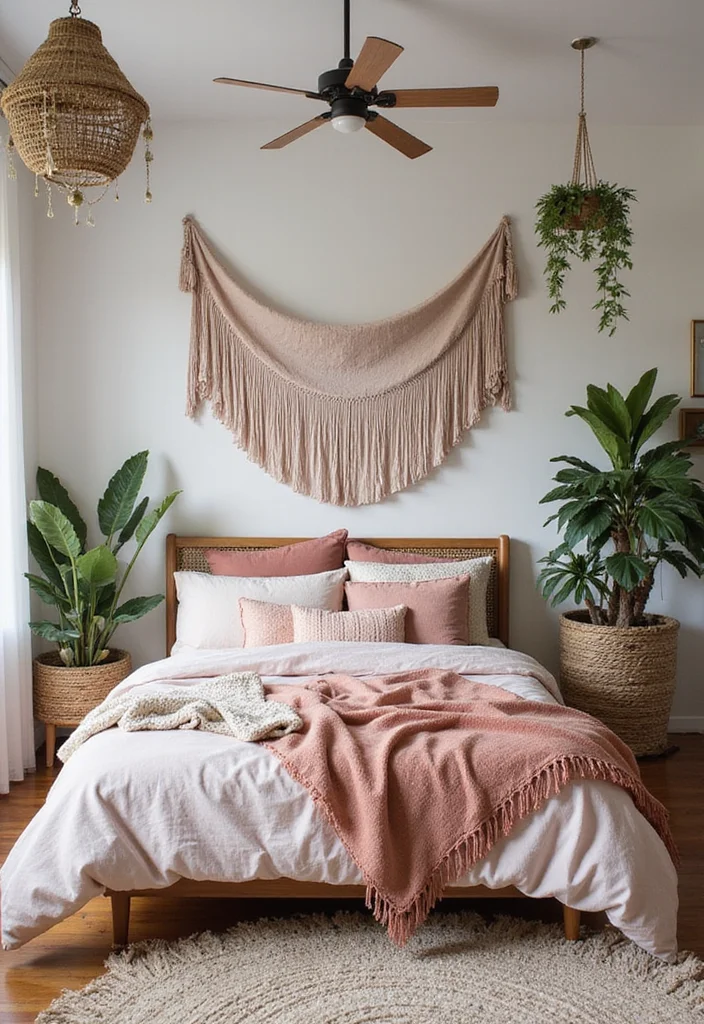 12 Pink and White Bedroom Ideas for Soft Fresh Style - 9. Cozy Bohemian Vibes