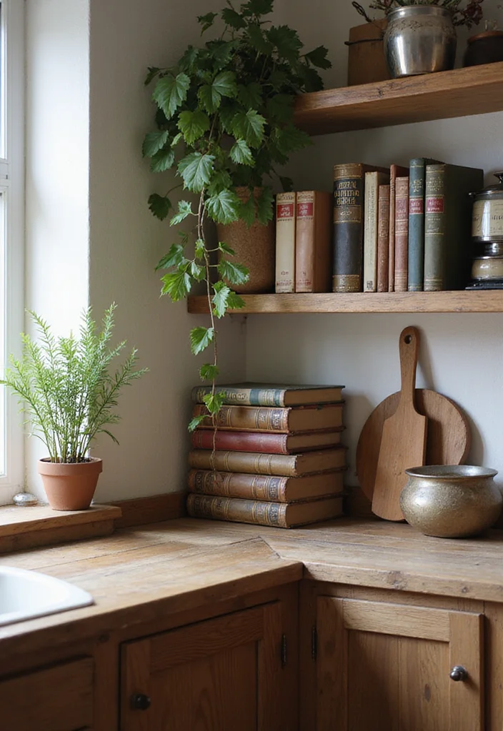 12 Primitive Kitchen Ideas for Simple Rustic Character - 10. Vintage Cookbooks Display