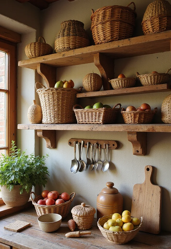 12 Primitive Kitchen Ideas for Simple Rustic Character - 12. Woven Baskets