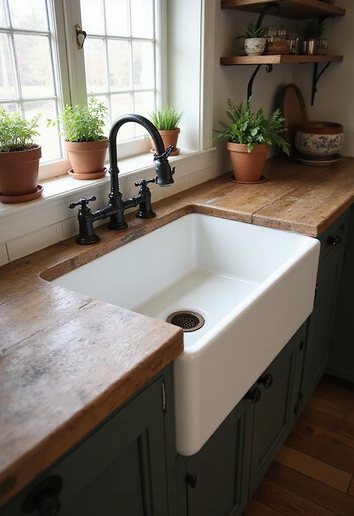 12 Primitive Kitchen Ideas for Simple Rustic Character - 2. Vintage Farmhouse Sink
