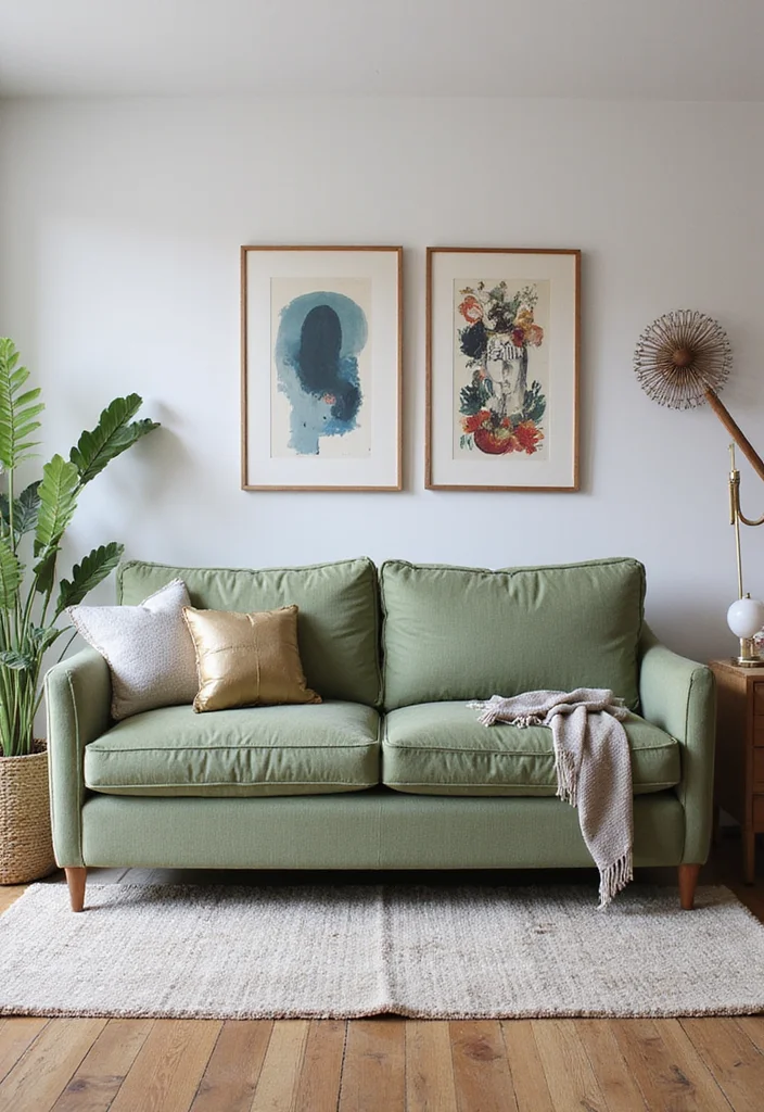 12 Sage Green Sofa Living Room Ideas for Calm Natural Style - 11. Artful Accents