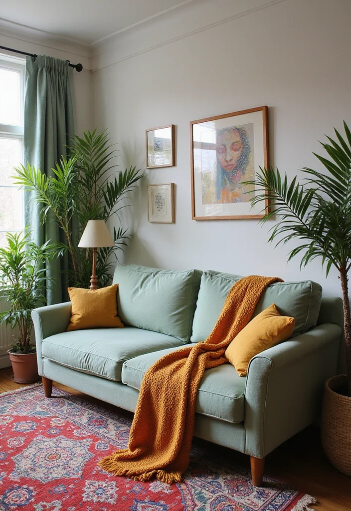 12 Sage Green Sofa Living Room Ideas for Calm Natural Style - 2. Boho Chic Vibes