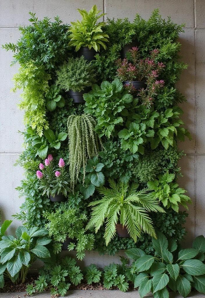 12 Small Backyard Concrete Patio Ideas for Clean Modern Living - 5. Vertical Garden with Concrete Backdrop
