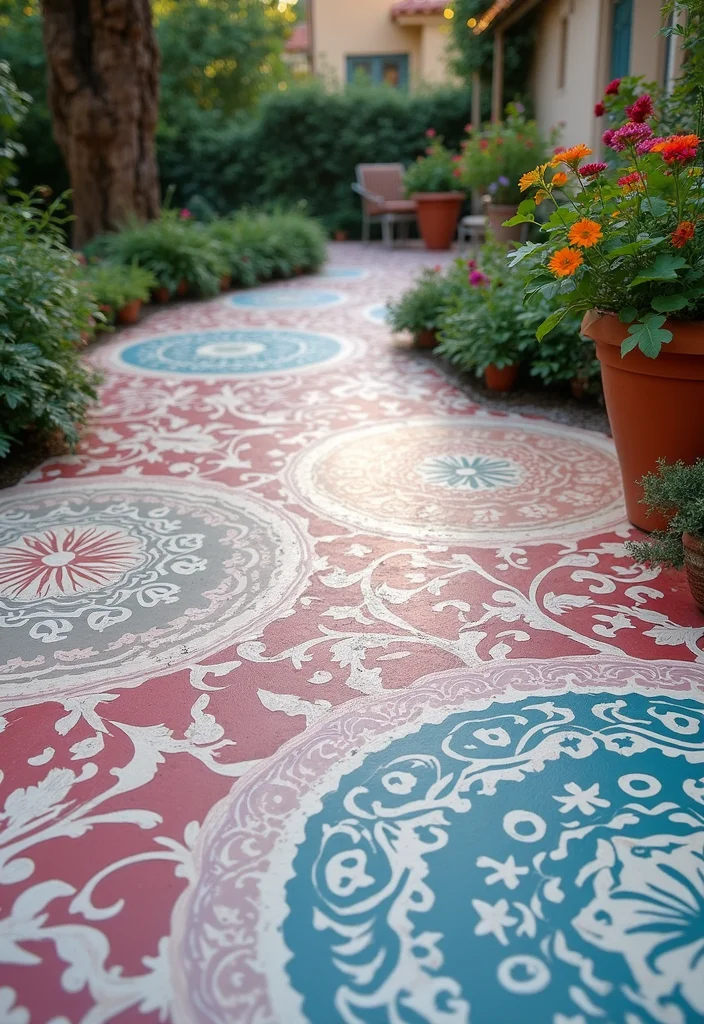 12 Small Backyard Concrete Patio Ideas for Clean Modern Living - 6. Stenciled Concrete Designs