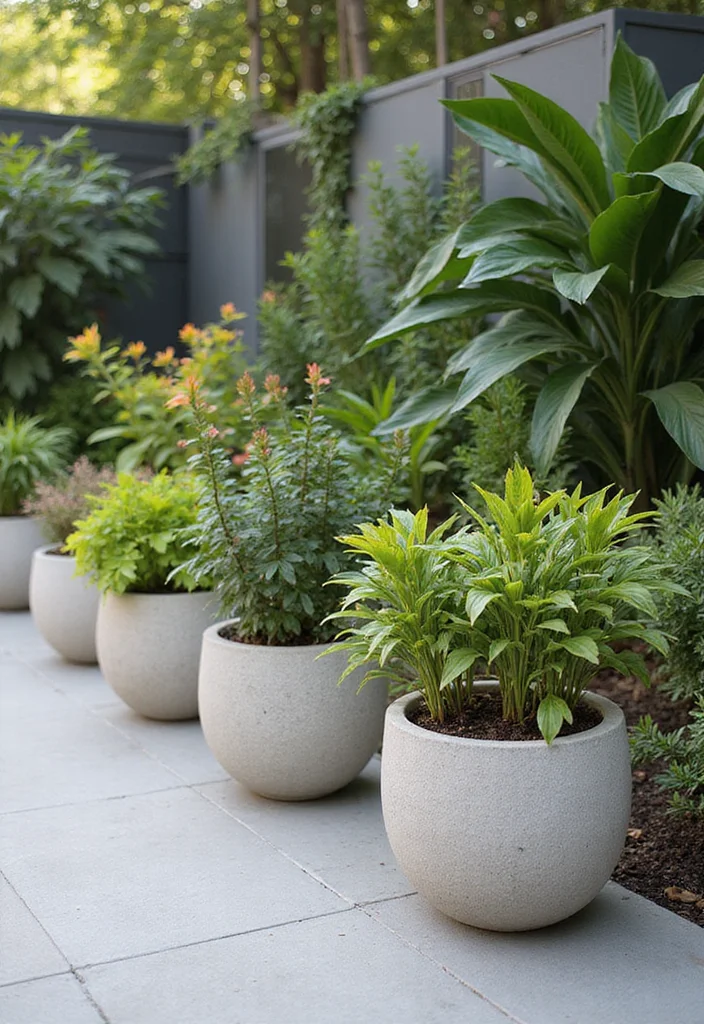 12 Small Backyard Concrete Patio Ideas for Clean Modern Living - 8. Concrete Planters