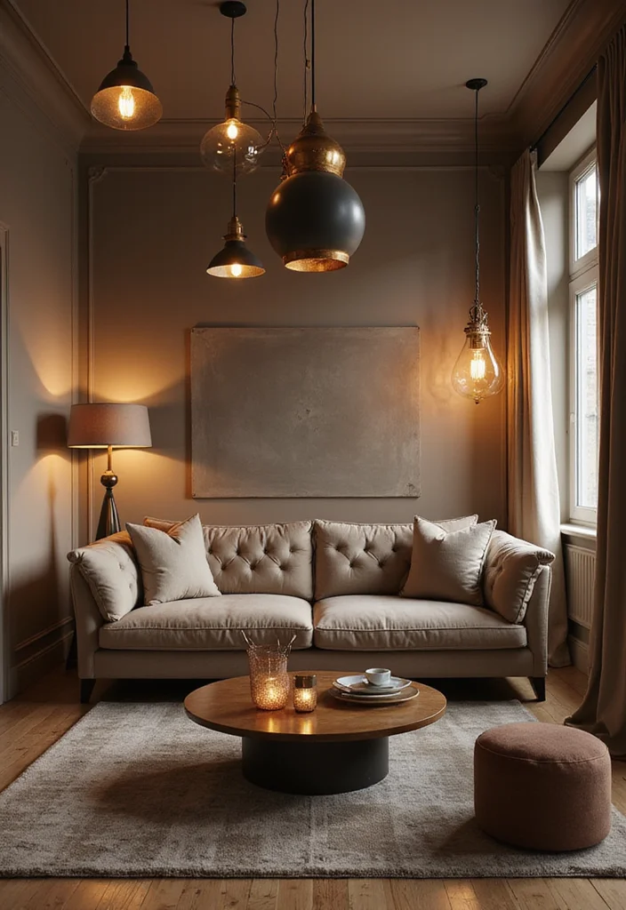 12 Taupe Living Room Ideas for Soft Neutral Warmth - 10. Warm Lighting Solutions