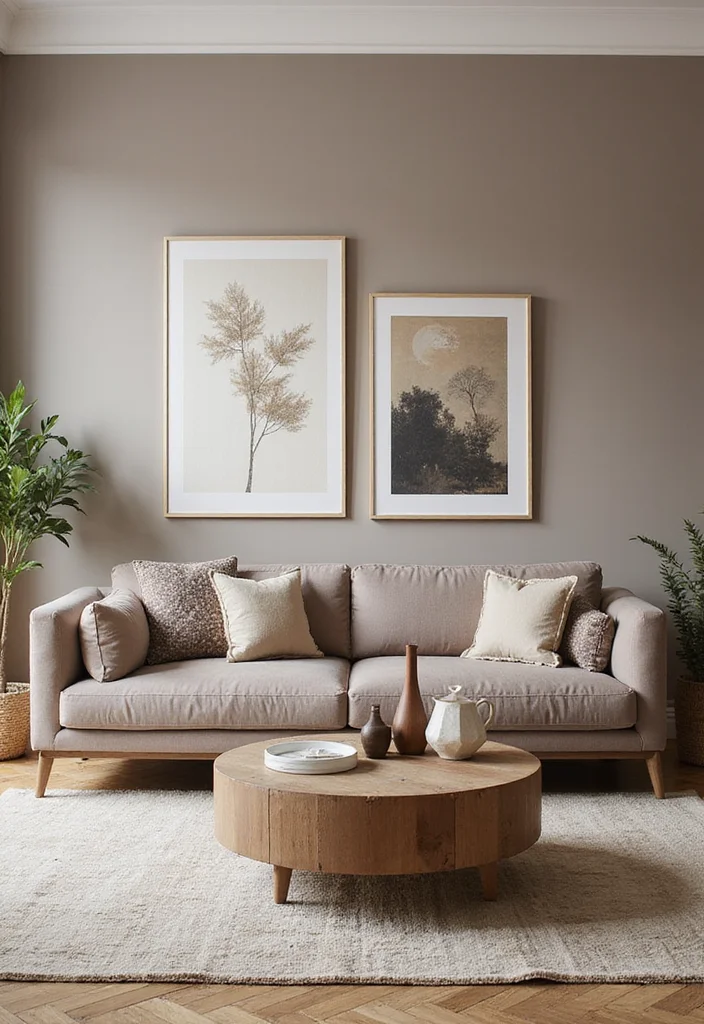 12 Taupe Living Room Ideas for Soft Neutral Warmth - 11. Artful Decor