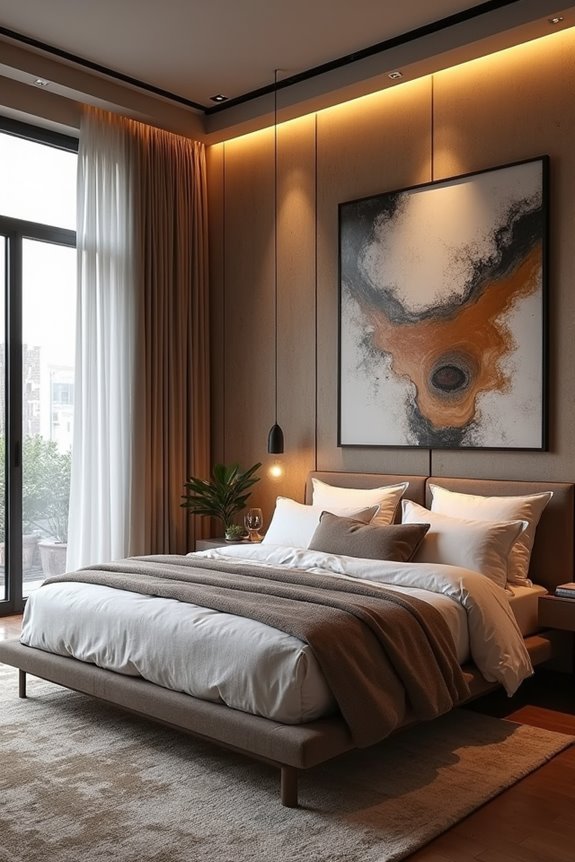 large scale art above bed anchors room
