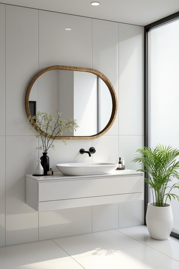 statement mirror anchors bathroom space